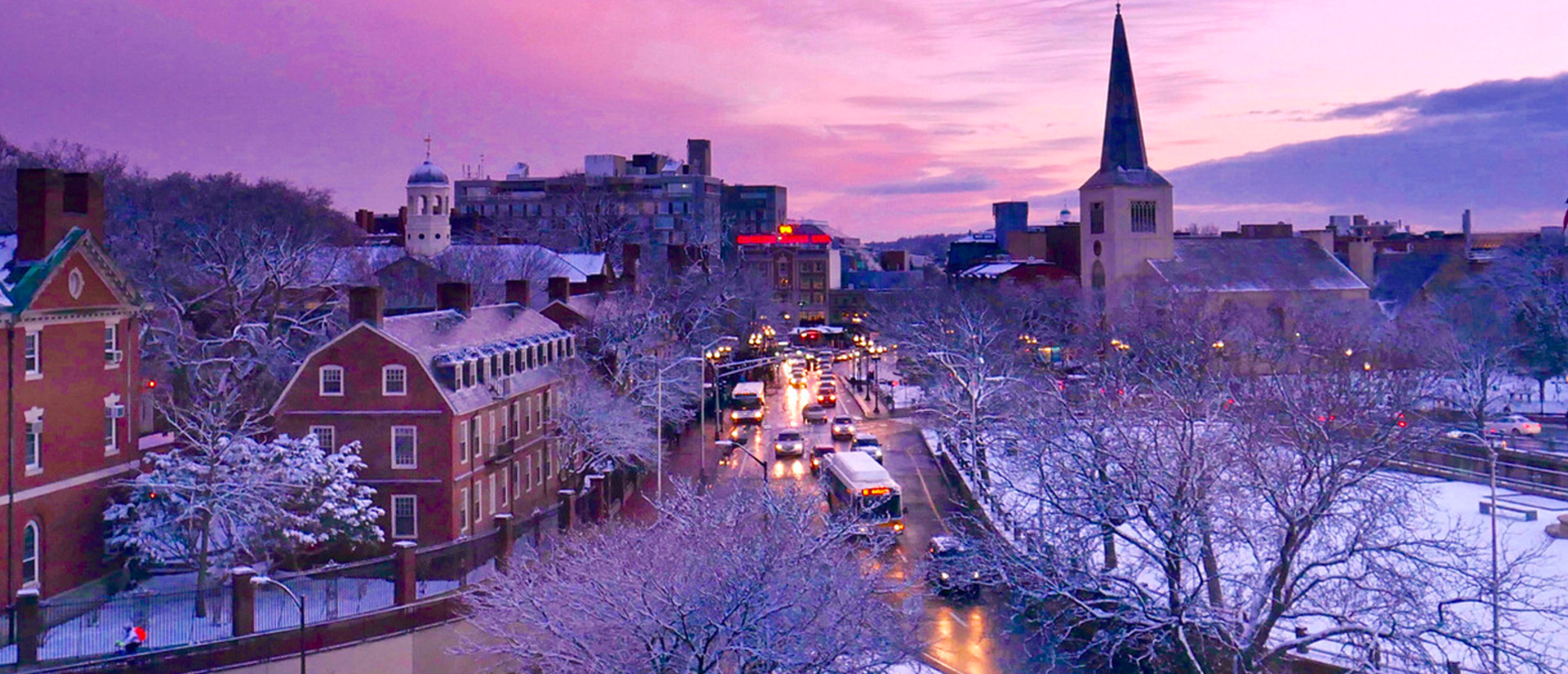Harvard Square during a winter sunset